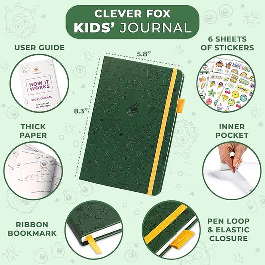 Clever Fox Kids’ Journal – Daily Feelings & Gratitude Notebook for 8+ Children – Child’s Planner & Mood Tracker for Journaling & Writing (Forest Green)