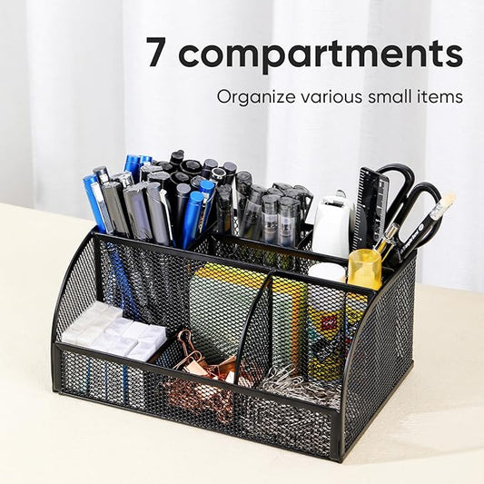 Deli 7-Compartment Black Mesh Desk Organizer with Pen Holder, Office Desktop Organizer, Metal Stationary Caddy