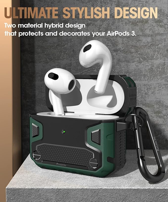 Koaichi Compatible with AirPods 3rd Generation Case(2021), Full-Body Rugged Hard Shell Protective Case Cover with Keychain Designed for AirPods 3 Case, Black/Green [US Patent Registered]