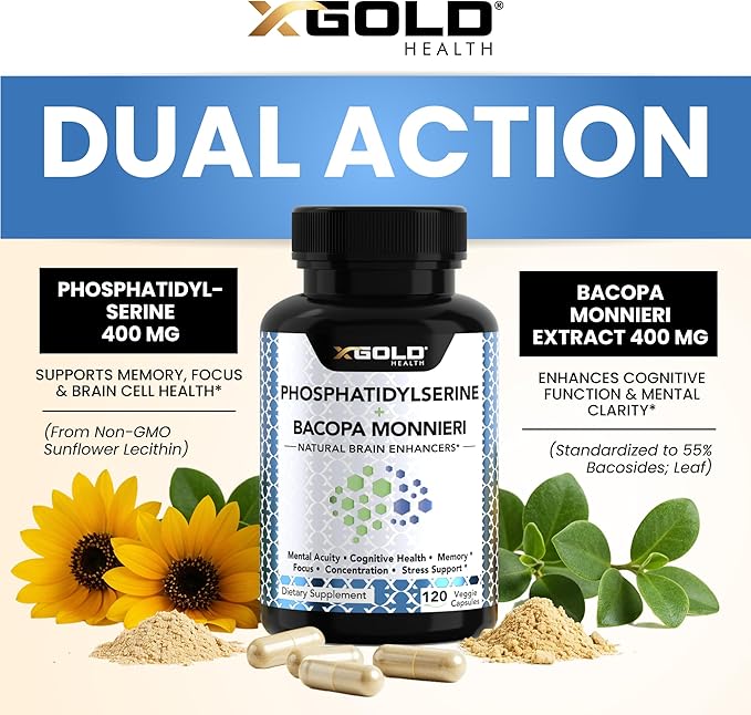 PhosphatidylSerine & Bacopa Monnieri 800 mg 2 in 1 Supplement - Natural Brain Enhancer/Nootropic for Enhanced Focus and Concentration, Memory Support, & Cognitive Function - 120 Vegetarian Capsules