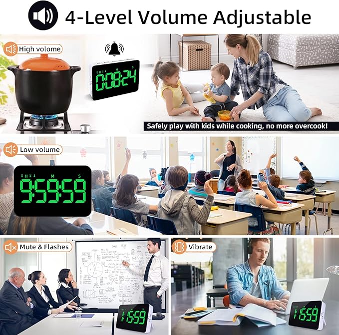 Rechargeable Digital Kitchen Timer for Cooking, Magnetic Timers with Countdown/up, Kids Timer with 5”LED Display 3 Brightness 4 Volume Adjustable for Classroom/Office/Home/Work/Fitness/Game(Green)