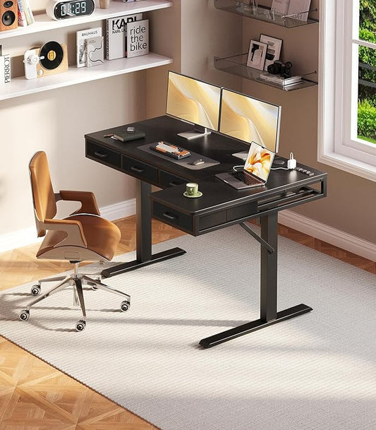 OffiGo 55 Inch L Shaped Electric Standing Desk with Drawers, Height Adjustable Large Desk with Power Outlets, Sit Stand Table, Writing Computer Desk for Home, Office, Workstation, Black