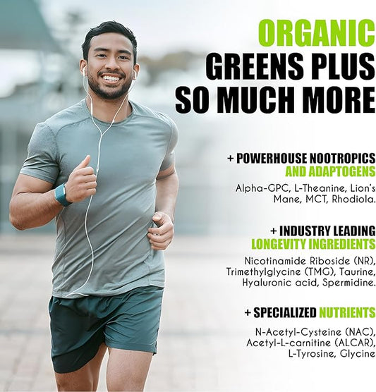 Nootropic Greens - Premium All-in-One Body, Brain & Longevity Optimization Nutrition. Organic Greens & Superfoods, Alpha-GPC, L-Theanine, Lion’s Mane, TMG, NR, NAC & More. (15.9 oz)