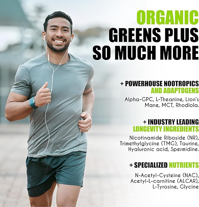 Nootropic Greens - Premium All-in-One Body, Brain & Longevity Optimization Nutrition. Organic Greens & Superfoods, Alpha-GPC, L-Theanine, Lion’s Mane, TMG, NR, NAC & More. (7.94 oz)