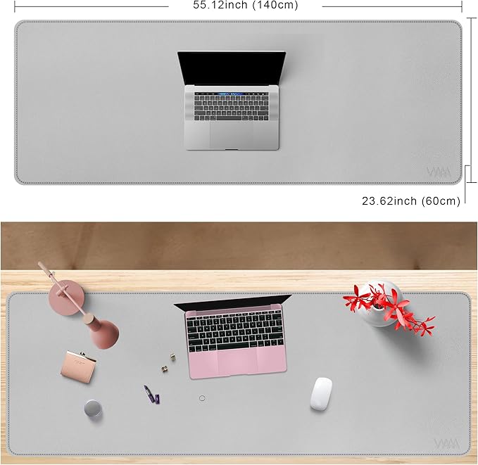 VYAAA Leather Desk Mat, 55"×24" Large Mouse Pad, Desktop Protector for Desk, Multifunctional Keyboard Mouse Pad for Home or Office (Light Gray)
