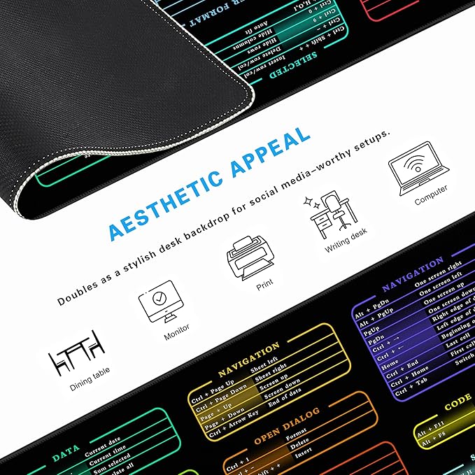 Excel Cheat Sheet Desk Pad, 31.5"x11.8", Waterproof Extra Large Excel Shortcut Mat with Stitched Edges, Anti-Slip Excel Mouse Pad for Office Desk, MS Excel/Word Shortcuts (Color Excel)