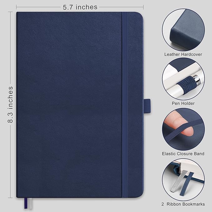 RETTACY Bullet Dotted Journal Notebook, 2-Pack, 160 Numbered Pages per Pack, A5 Medium Size (5.7'' x 8.3''), 120 GSM Thick Paper, Leather Hardcover, for Bullet Journaling (Black & Navy Blue)