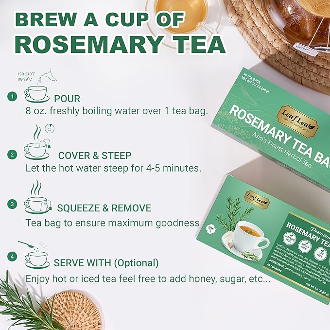 LeafLea 40 Premium Rosemary Tea Bags from 100% Natural Rosemary Leaves, Herbal Tea for Gentle Digestive Comfort, Te De Romero Earthy Taste & Light Aroma, Caffeine-Free, Sugar-Free, Non-GMO
