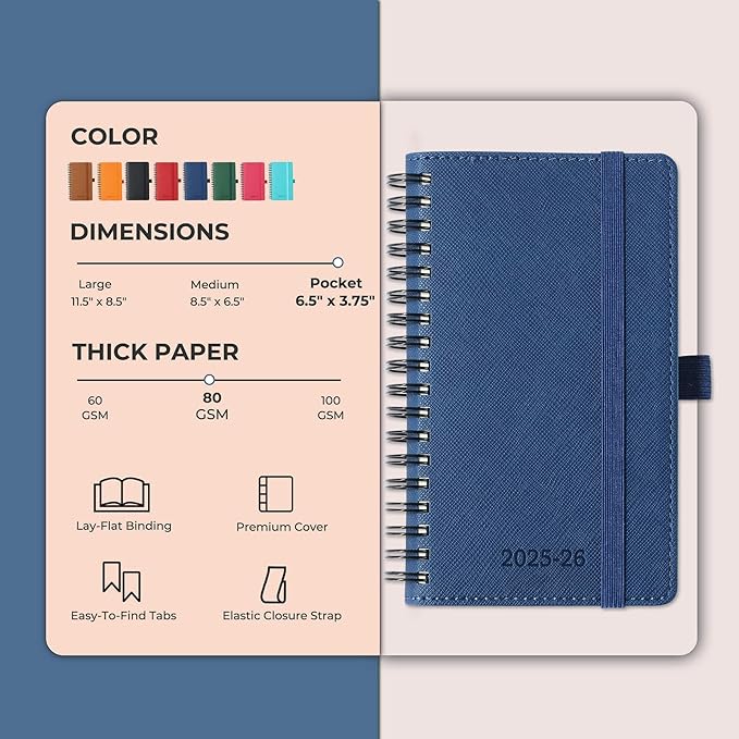 Planner 2025-2026 Daily Weekly and Monthly,6.5"x3.75",18 Months Spiral Bound Calendar Agenda with Self-adhesive Pen Holder,2026 Academic Plan with Vegan Leather Soft Cover,Blue