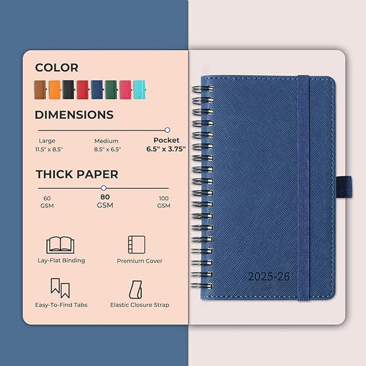 Planner 2025-2026 Daily Weekly and Monthly,6.5"x3.75",18 Months Spiral Bound Calendar Agenda with Self-adhesive Pen Holder,2026 Academic Plan with Vegan Leather Soft Cover,Blue