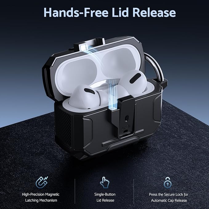 DASFOND Armor Earphone Cover Case for Airpods Pro, Military Grade Full Body Shockproof Protection Hard Case, Support Wireless Charging with Keychain, Magnetic Lid, Front LED Visible, Black