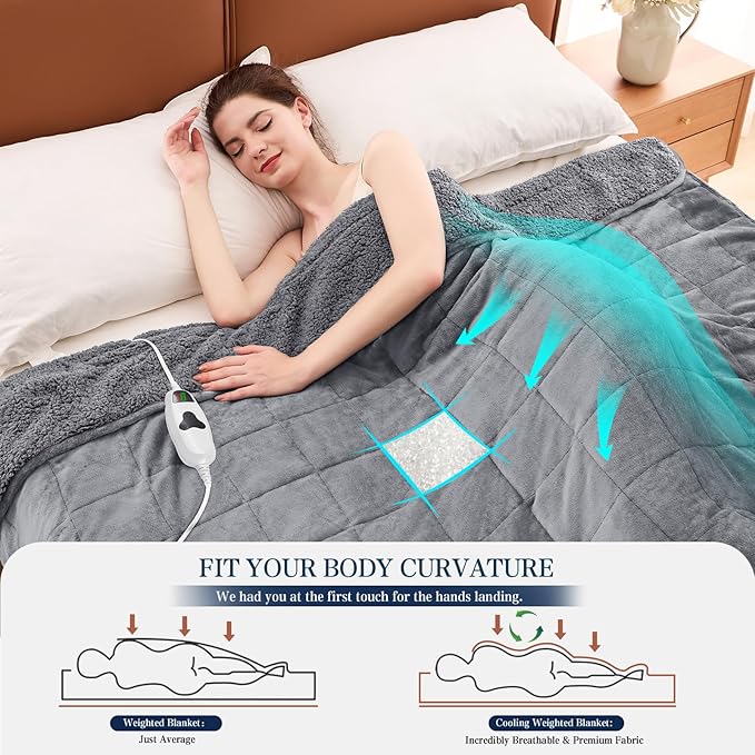 greenoak Heated Weighted Blanket for Adults - Sherpa Fleece Electric Throw Blanket (50”x60”, 13lbs, Light Gray) - Thick Soft Warming Plush Heating Blanket with 10 Heating Levels & 1-8 Hours Auto Off