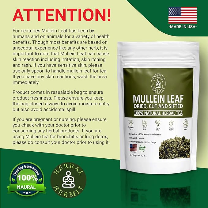 Herbal Hermit Mullein Leaf Tea (3 oz/85 grams) Herb for Respiratory Support, Mucous Membranes, Lung Cleanse Dried Leaves Blend, Cut and Sifted Made in USA