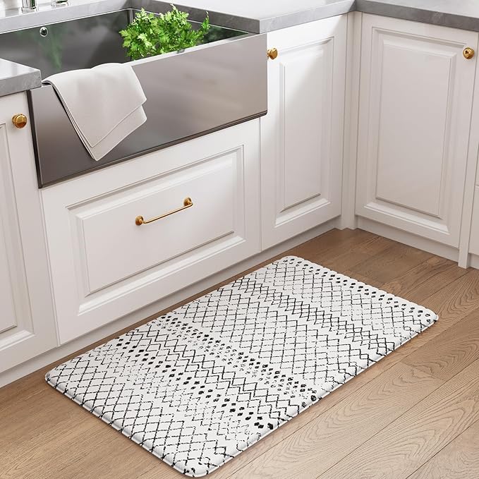 KIMODE Anti Fatigue Kitchen Mat for Floor, Cushioned Farmhouse Kitchen Runner Rug, Non Slip Waterproof Kitchen Floor Mat, Comfort Foam Standing Desk Mat for Laundry Office Sink Black/White 20"x32"