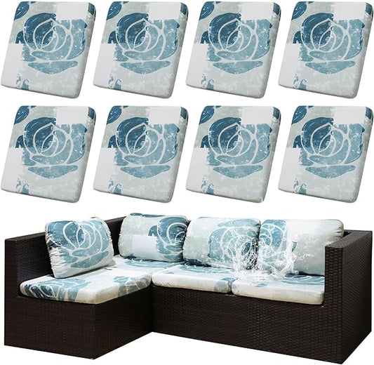8Pcs Stretch Patio Cushion Covers Outdoor Cushion Cover, Jacquard Stretch Cushion Covers, Cover Replacement, Outdoor Sofa Covers, Washable Furniture Couch Cushion Cover (Blue Rose)