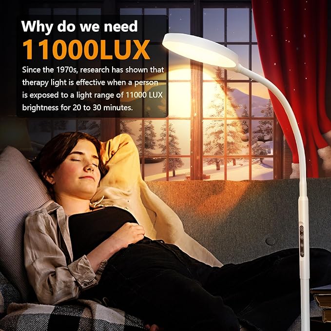 Light Therapy Lamp, 3 in 1 Therapy Floor Lighting, 11000 Lux Full Spectrum Therapy Lamps, UV-Free LED Sunlight, 10 Brightness/5 Color/Gooseneck/Height Adjustable Timer Control, White