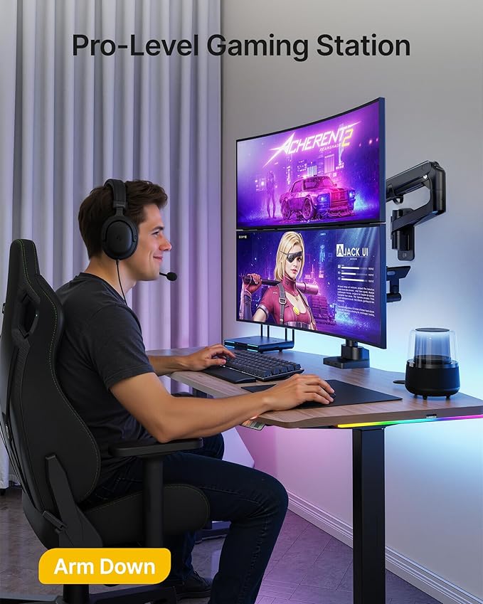 monTEK Monitor Wall Mount for 17-57“ up to 59.4 lbs Ultrawide Screens, Single Heavy-Duty Aluminum Gas Spring Monitor Arm with Full Motion Adjustment, VESA 75x75/100x100 Compatible, Black