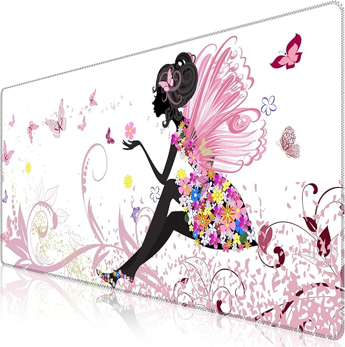 iCasso Extended Gaming Mouse Pad (35.4x15.7 in), Large 3mm Non-Slip Rubber Base Mousepad with Stitched Edges, Waterproof Keyboard Mouse Mat Desk Pad for Work, Game, Office, Home - Butterfly Girl