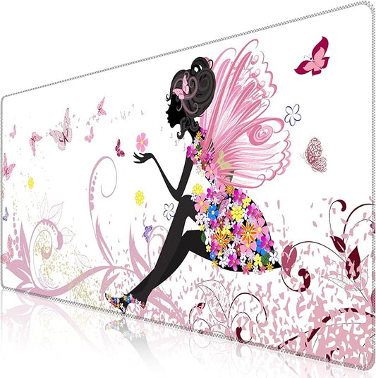 iCasso Extended Gaming Mouse Pad (35.4x15.7 in), Large 3mm Non-Slip Rubber Base Mousepad with Stitched Edges, Waterproof Keyboard Mouse Mat Desk Pad for Work, Game, Office, Home - Butterfly Girl