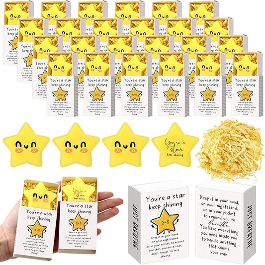 Wettarn 24 Sets Star Positive Gifts Cute Stress Balls with Gift Boxes Inspirational Party Favors for Employee Coworker Students Relief Toys, You Are a Star Keep Shining