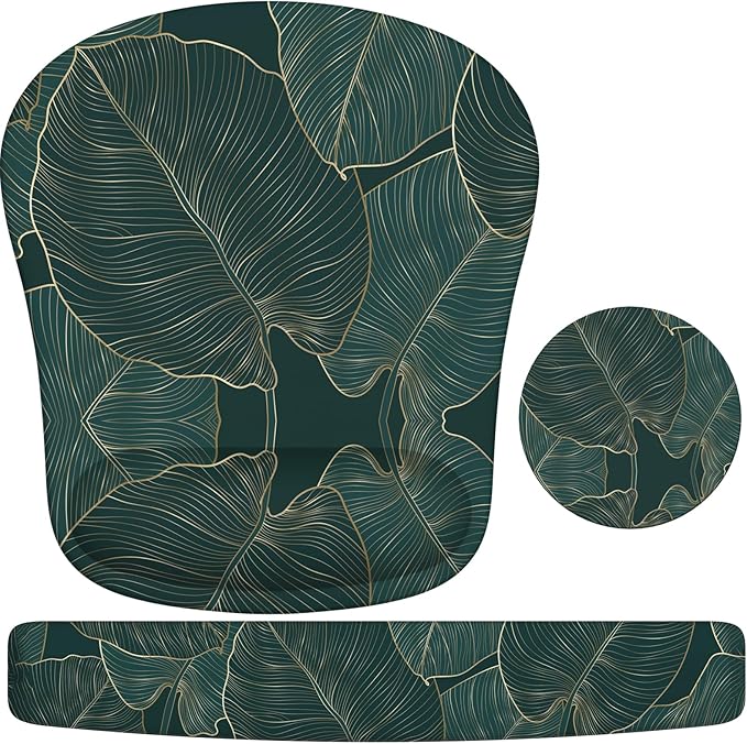 HAOCOO Ergonomic Mouse Pad with Wrist Rest, Wrist Rest for Computer Keyboard, Non-Slip Base Mouse and Keyboard pad for Office, Easy Typing & Pain Relief,Green Leaves