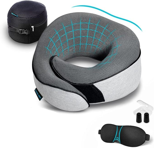 Proglobe Travel Neck Pillows for Airplanes, Sleeping Essentials for Long haul Flights, 360° Head Support, Car and Airplane Kit with 3D Contoured Eye Mask, Earplugs and Luxury Mesh Bag (Adult, Grey)