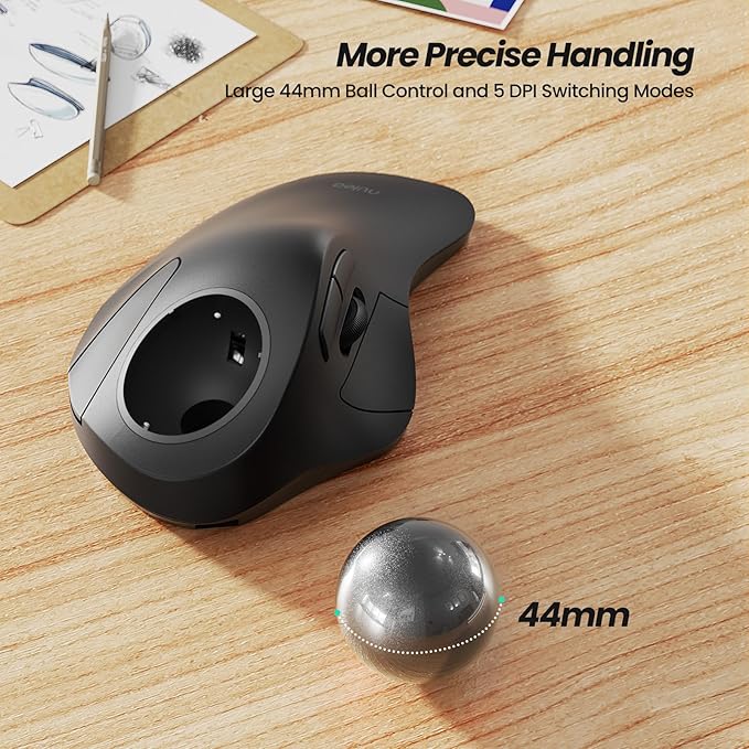 Nulea Wireless Ergonomic Trackball Mouse, Rechargeable, Bluetooth Rollerball Mouse, 44mm Index Finger Trackball, 5 Adjustable DPI, Compatible with PC, Laptop, iPad, Mac, Windows, Android