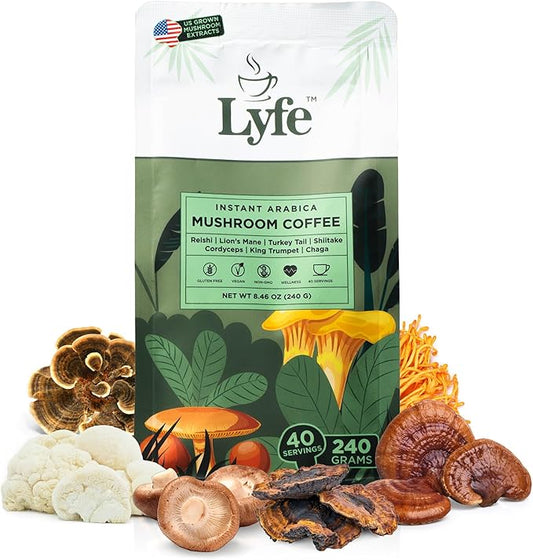 LYFE Organic Instant Mushroom Coffee – Lion’s Mane, Chaga, Cordyceps, Turkey Tail | USA Grown Adaptogenic Mushrooms for Better Energy, Focus, Gut Health, Immunity – 40 Servings