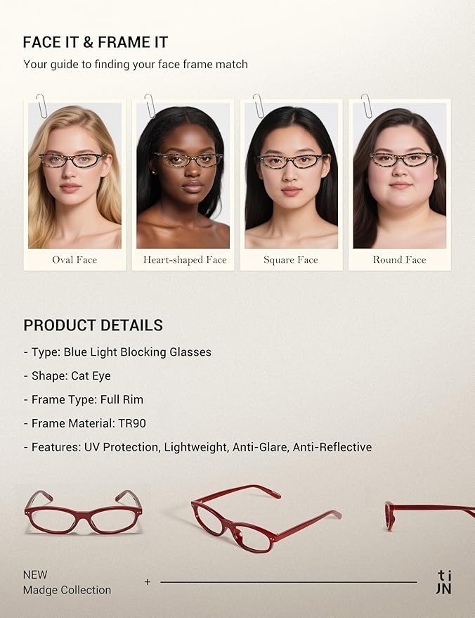 TIJN Olisa Blue Light Blocking Glasses for Women Men,Oval Glasses Frame Bluelight Glasses for Gaming/Computer/Screen