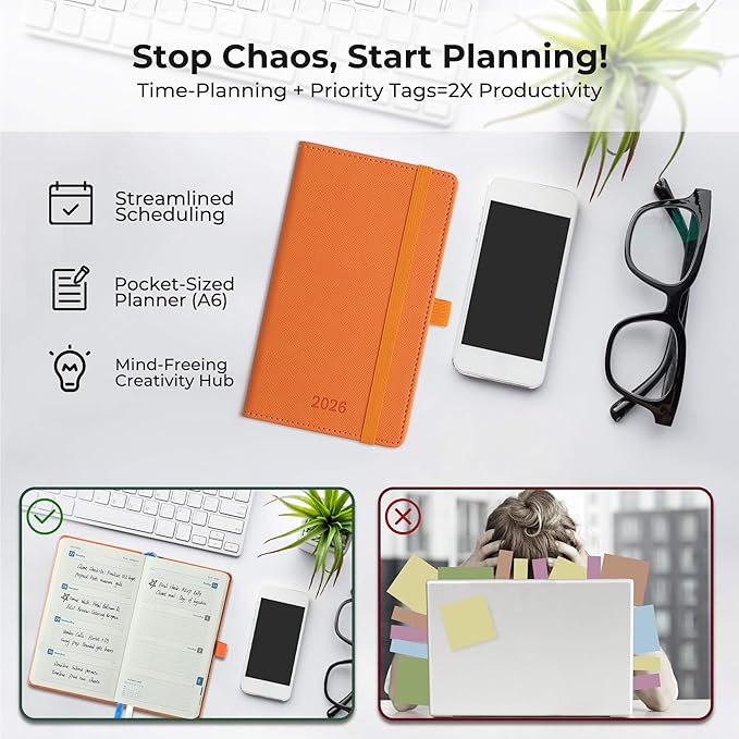 Weekly Monthly 2026 Planner (Jan.26-Dec.26),6.5"x3.75",12 Months Agenda Plan with Month Tabs & Pocket,Expenses/Note Pages, Appointment Book Calendar with Hardcover Vegan Leather Cover,Orange