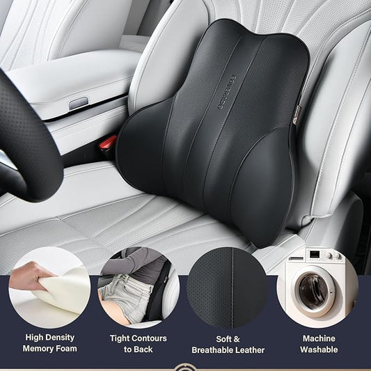Coverado Lumbar Support Pillow for Car, Ergonomic Memory Foam Back Pillow for Office Chair, New Back Cushion for Pain Relief, PU Leather Car Lumbar Support for Driving Seat - BK