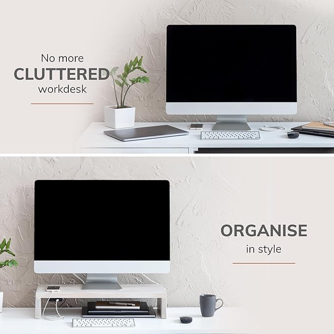 Anji Mountain Wooden Monitor Stand - Elegant Monitor Riser,Perfect Monitor Stand for Desk Organization, Durable Wood Construction monitor stands,Enhances Ergonomics and Workspace Efficiency,White Wash