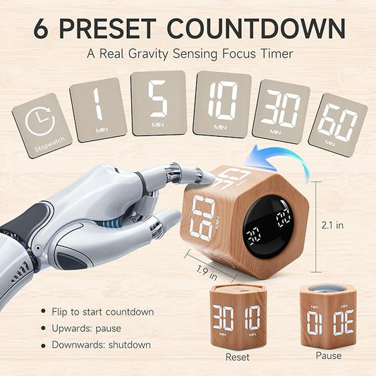Productivity Timer 1, 5, 10, 30, 60 Minutes Preset, Desk Cube Timer with Gravity Sensor/Mute/Vibration for ADHD, Work, Study, Kitchen, Back to School (2, Wood Grain＆Black)
