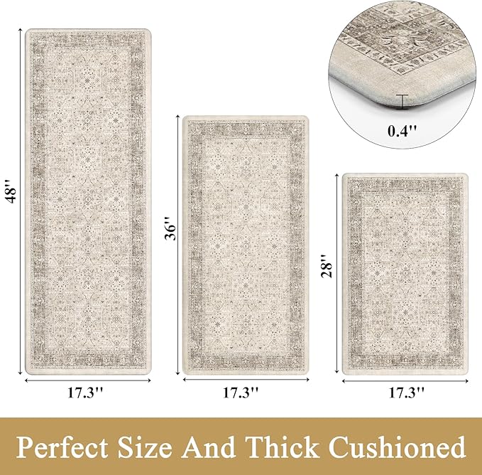 Pauwer Anti Fatigue Kitchen Mat Set of 3 Non Slip Kitchen Mats for Floor Cushioned Kitchen Rugs Comfort Standing Mat Farmhouse Waterproof PVC Foam Kitchen Floor Mat Runner, Khaki