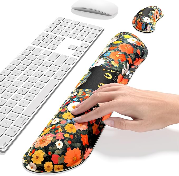 Dapesuom Enlarge Keyboard Wrist Rest, Memory Foam Wrist Cushion for Desk Mats Support, Typing Pain Relief Keyboard Mouse Pad Rests Set with Non-Slip Base for Gaming Laptop Computer, Cat Flower Bush