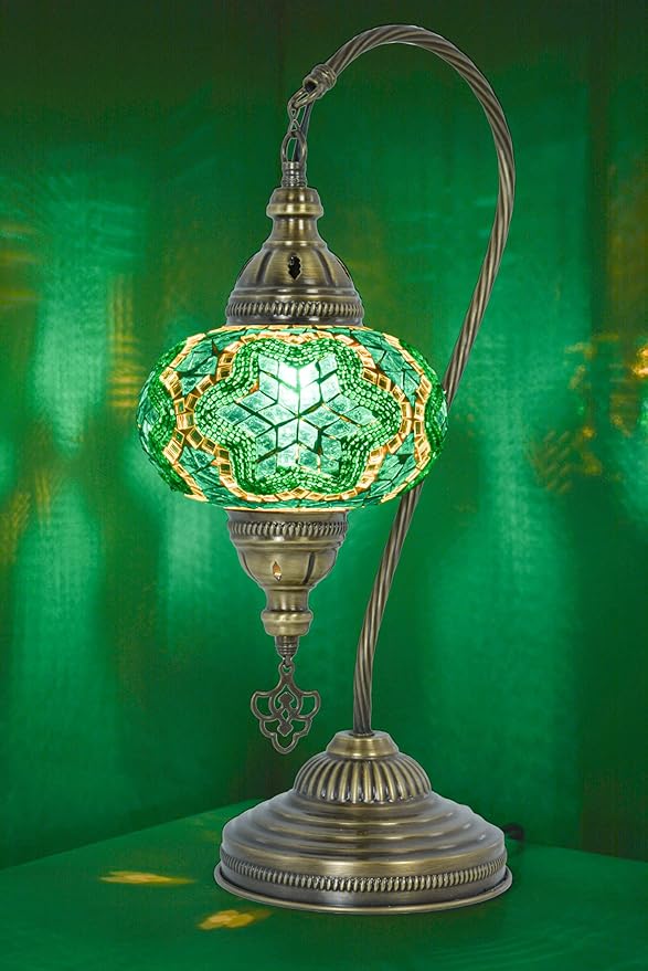 mozaist Turkish Mosaic Swan Neck Table Lamp, Moroccan Tiffany Style Turquoise Handmade Stained Glass Bedside Nightstand, Home Decor Gooseneck Boho Light with E12 Socket & US Plug (Emerald Teal)
