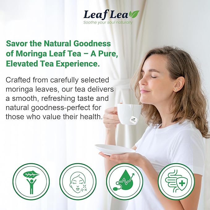 LeafLea Moringa Tea, 120 Fresh-Sealed Tea Bags, Premium Herbal Blend from 100% Natural Moringa Leaves, Supports Digestion & Immune Health, Caffeine-Free, Sugar-Free, Vegan, Non-GMO
