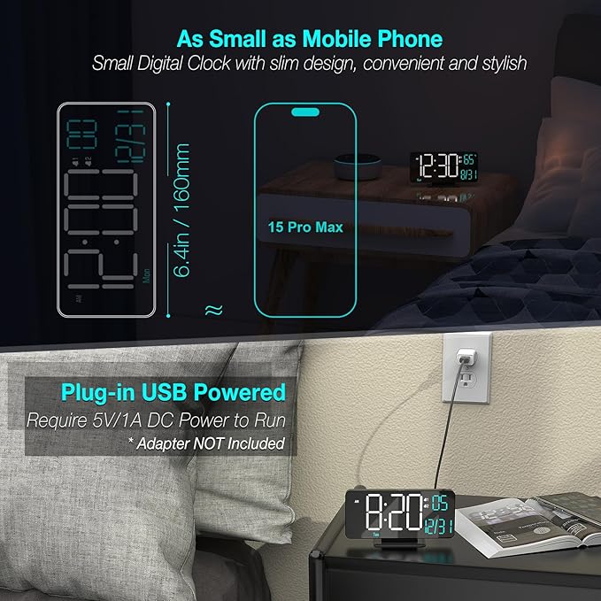 KOSUMOSU Digital Clock for Bedroom 6.7in Small Digital Alarm Clock Black, Dimming,12/24h,Date,Day of Week, Indoor Temperature,Desk Clocks for Classroom, LED Clocks for Living Room, Digital Calendar