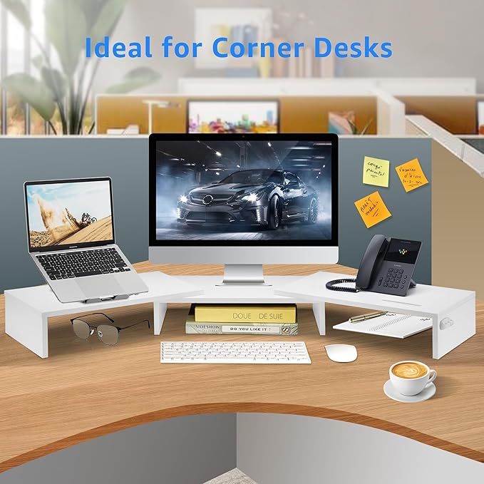 Dual Monitor Stand Riser for 2 Monitors, Monitor Stand for Desk, Adjustable Length & Swivel Angle Wooden Desktop Organizer Stand Riser with Smartphone Holder for PC Monitor Laptop, White