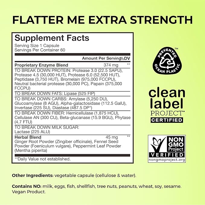 HUM Flatter Me Extra Strength Digestive Enzymes for Women, Men, Digestive Gut Bloating Supplement, Ginger, Peppermint Leaf, Fast Acting Anti Bloat Pills Multi Enzyme for Debloating, 60 Capsules