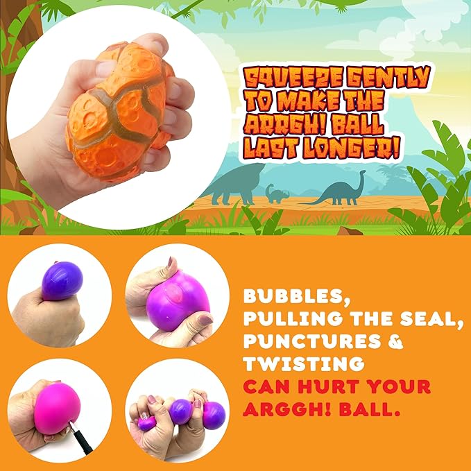 Power Your Fun Arggh Meteor Mini Stress Balls for Kids and Adults - 3pk Squishy Stress Balls Sensory Toys with Dinosaur, Squishy Ball Fidget Toys Tension Relief Squeeze Toy (Pink, Orange, Green)
