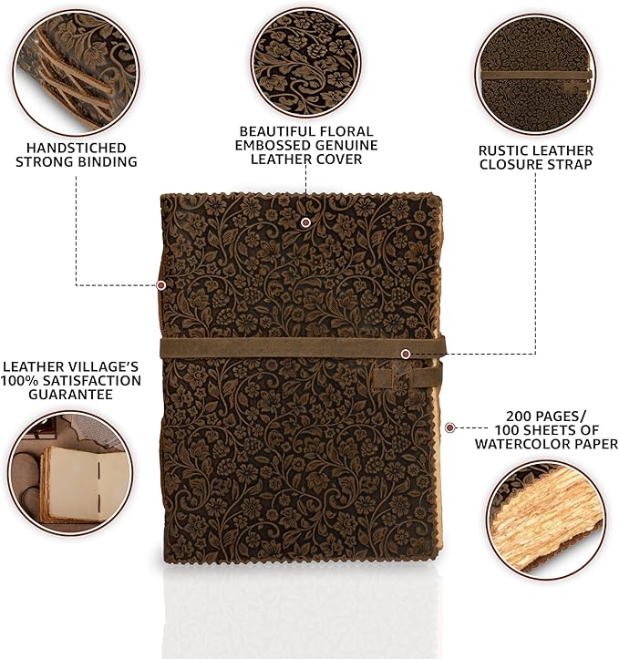LEATHER VILLAGE Leather Bound Floral Embossed Journal for Women Men - 200 Pages, 8”X6”(A5), Brown - Book of Shadows, Vintage Blank Paper Travel Diary, Notebook for Writing, Drawing, Sketchbook