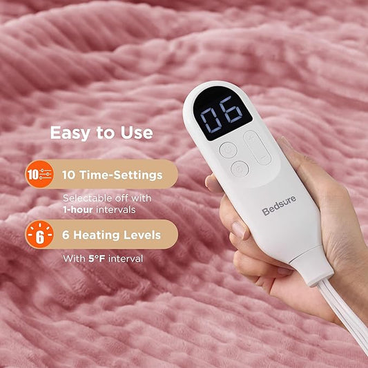 Bedsure GentleSoft Electric Blanket Twin - Soft Ribbed Flannel Heated Blanket, Heating with 10 Time Settings, 6 Heat Settings, and 8 hrs Timer Auto Shut Off (62x84 inches, Bridal Rose)