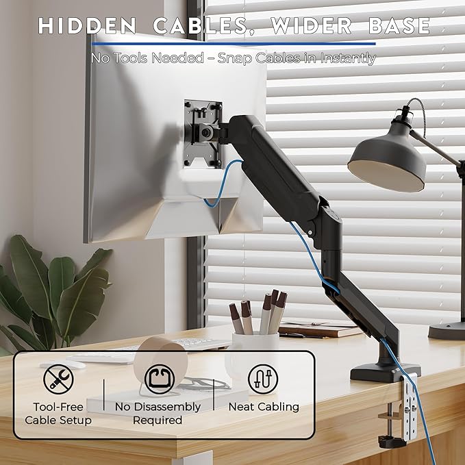 BONTEC Monitor Arm Desk Mount, Gas Spring Monitor Stand, Adjustable Full Motion VESA with C Clamp & Grommet Base, Supports 6.6-19.8lbs LCD/LED Tilt, Swivel, Rotation (Single Arm, 15-32 Inch)