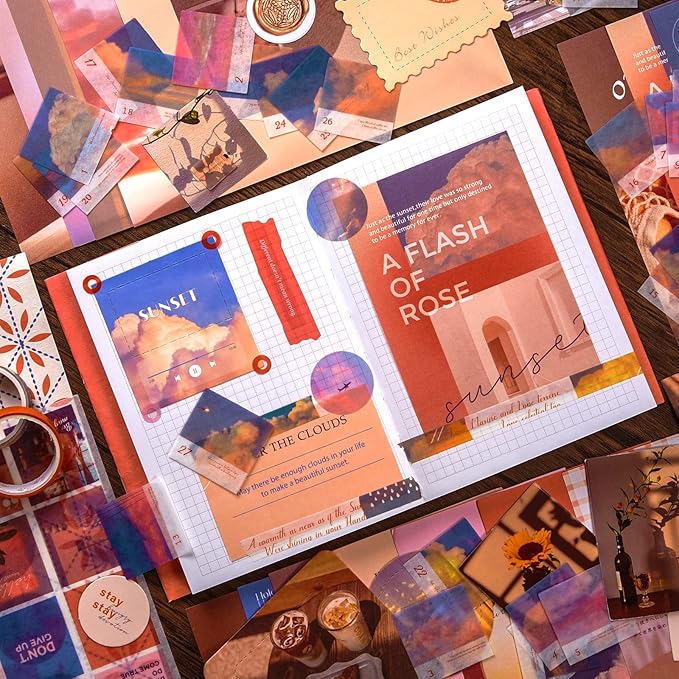 Scrapbooking Supplies Kit, 351pcs Bullet Junk Journal Kit with Journaling Supplies Aesthetic Scrapbook Paper A6 Grid Notebook, Scrapbook Kit, Art Craft DIY Gifts for Adult Teen Girl Kid Women, Sunset