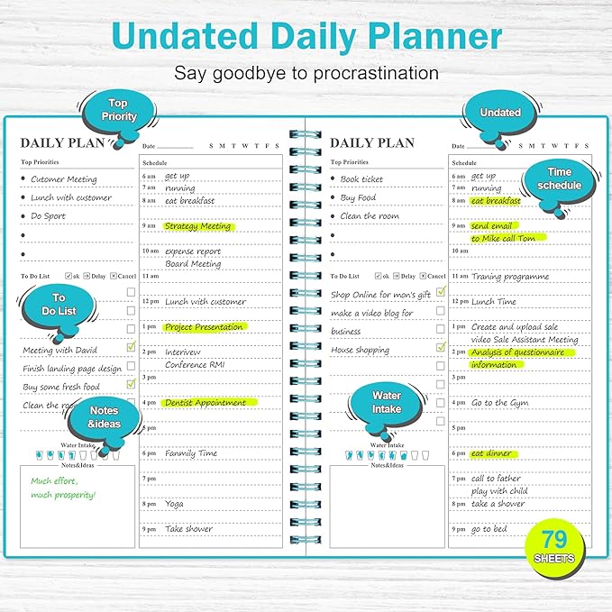 Daily Planner Undated, Asten To Do List Notebook Hourly Schedules Spiral Appointment Planner for Men and Women,PVC Hardcover,Elastic Closure, Inner Pocket 8.3" x 5.8" (Blue)