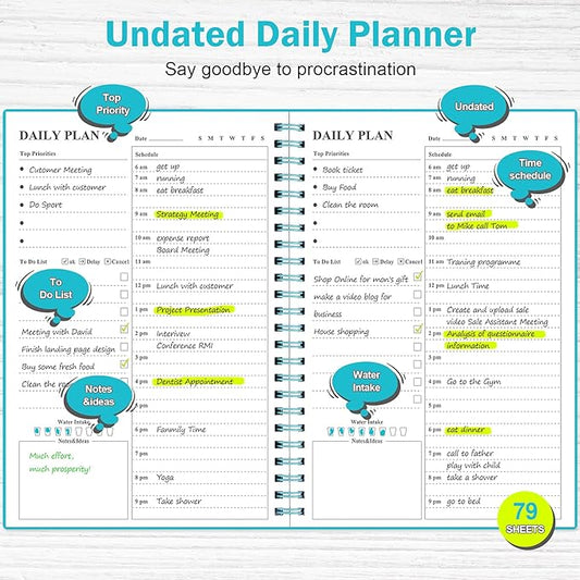 Daily Planner Undated, Asten To Do List Notebook Hourly Schedules Spiral Appointment Planner for Men and Women,PVC Hardcover,Elastic Closure, Inner Pocket 8.3" x 5.8" (Blue)