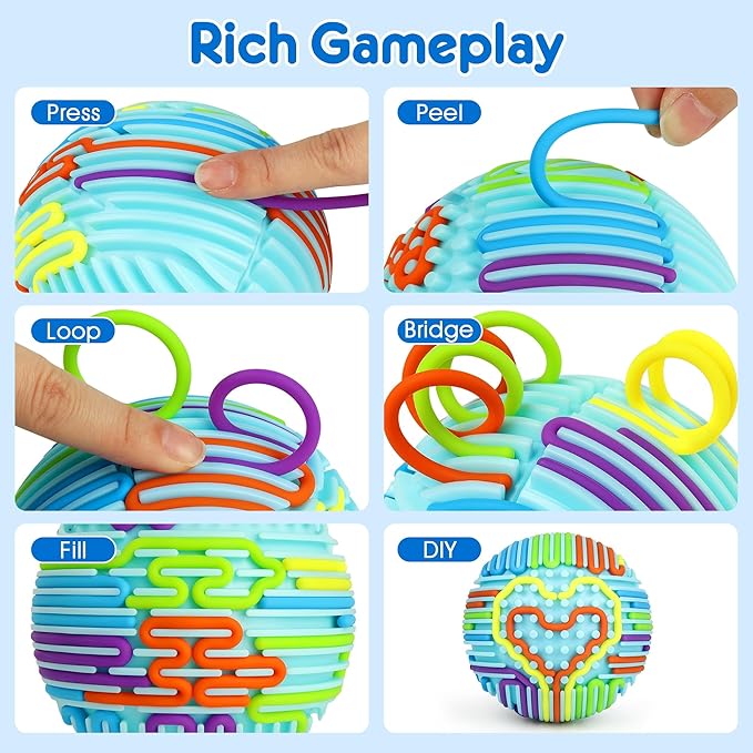 Sensory Fidget Toys for Kids Adults, Sensory Activity Ball with 20 Strings, Sensory Toys for Autism ADHD Calming Focus Stress Relief, Travel-Friendly Toys with Portable Storage Bag