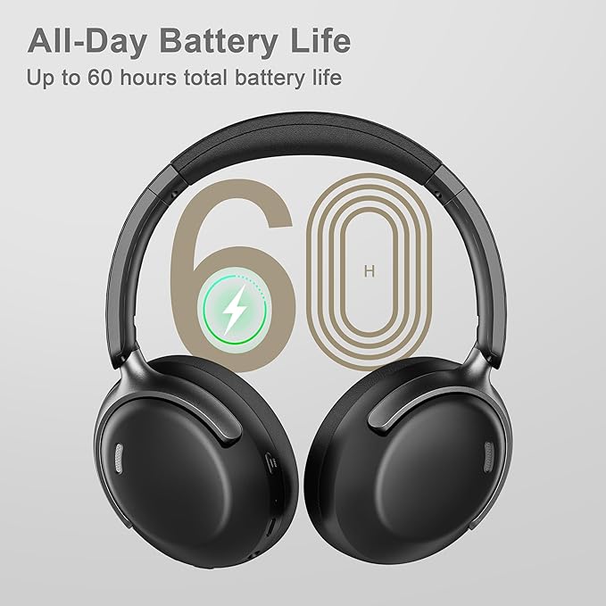 LORELEI QC30 Hybrid Active Noise Cancelling Headphones, 60H Playtime, Built-in Mic, Wireless Over Ear Headsets with Case,Bluetooth 5.4,Deep Bass Comfort Fit Soft-Earpads Fast Charging -Space Black