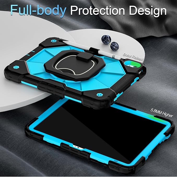 Case for iPad (A16)11th /10th Generation 11/10.9 Inch 2025/2022 with Screen Protector Rotating Stand Shoulder Strap Pencil Holder,Military Grade Shockproof iPad Case 10th Generation,Black Blue